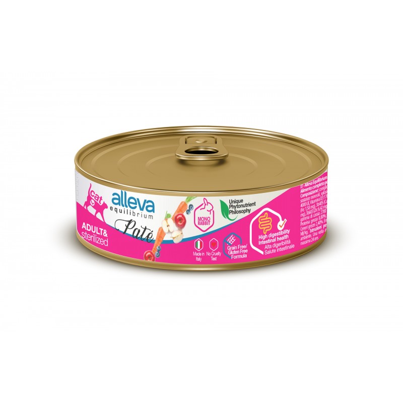 Lata de comida húmeda Alleva Equilibrium Paté Conejo para gatos adultos esterilizados, 85 g.