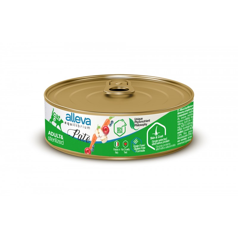 Lata de comida húmeda Alleva Equilibrium Paté Jabalí para gatos adultos esterilizados, 85 g.