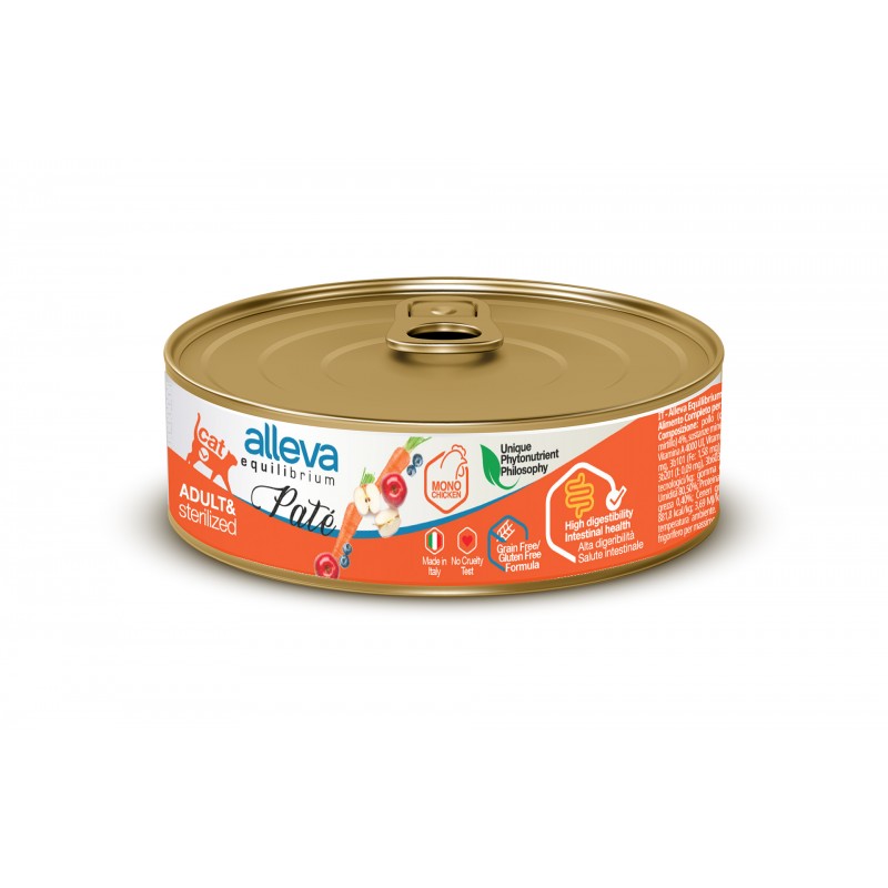 Pack de 12 latas de comida húmeda Alleva Equilibrium Paté Pollo para gatos adultos esterilizados, 85 g por lata.